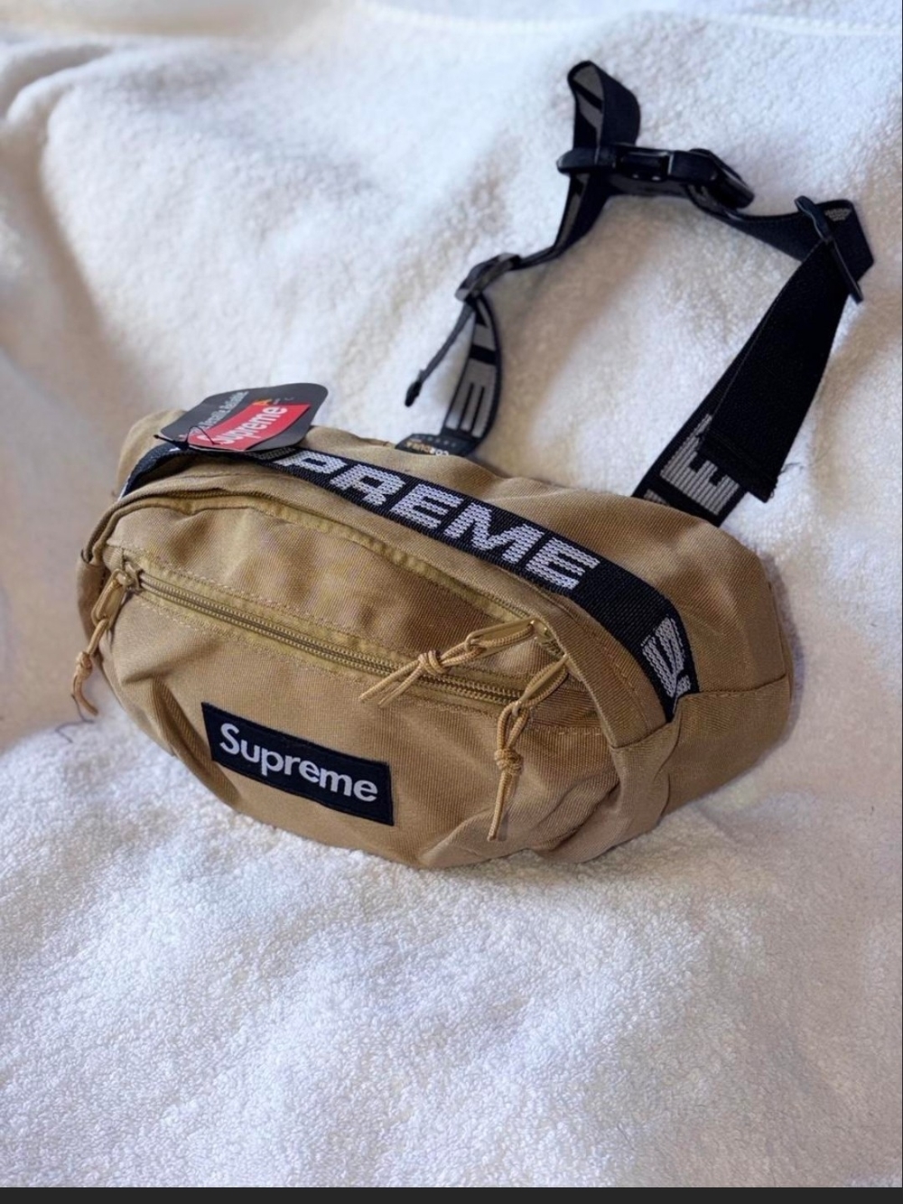 Supreme Tan Belt Bag with Black Logo Strap